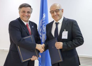 06 March 2017, Rome, Italy - (Left to righ)  Kostas Stamoulis, Assistant Director-General and Luca Mattioni, Vice-President of Fertitecnica Colfiorito. Signing Ceremony of Memorandum of understandings between FAO and Fertitecnica Colfiorito, FAO headquarters (Espace Gabon).