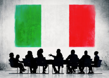 Italian flag and a group of business people.