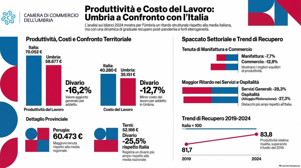 infografica produttività e costo del lavoro Umbria vs Italia
